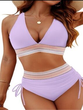 Lavender High-Waist Bikini Set with Decorative Waistband